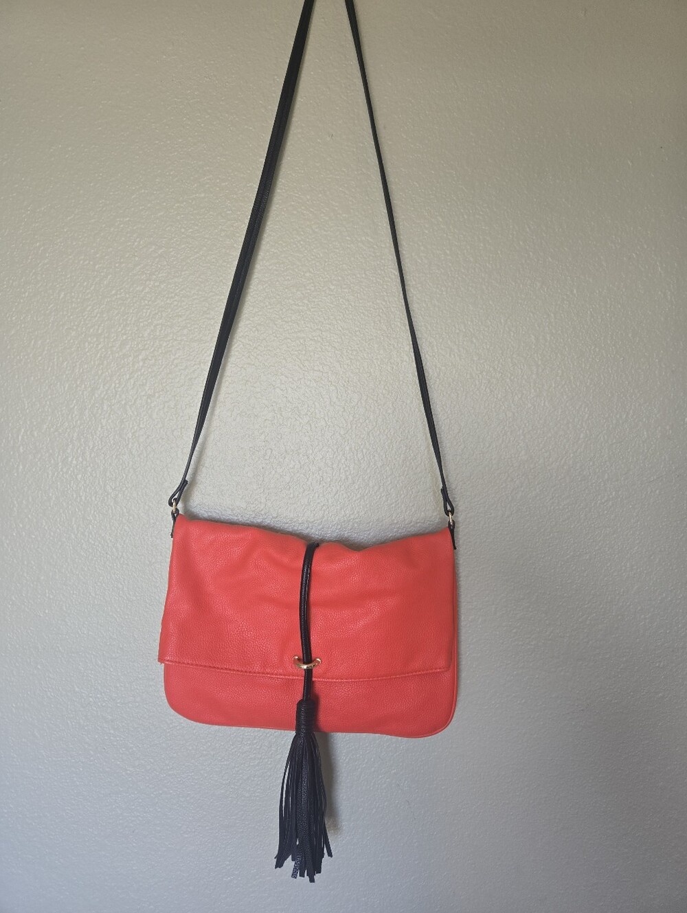 Dark Orange Crossbody Bag with Black Tassel Strap, Boho, Minimal, Festival